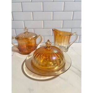Jeanette Glass Marigold Iris and Herringbone Carnival Glass Butter Sugar Creamer